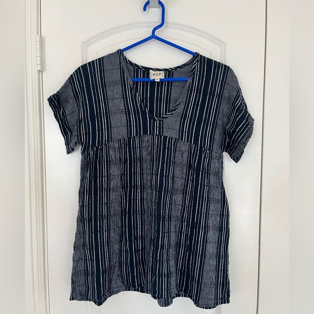 Juniors Blue and White Striped Babydoll Smocked Shirt